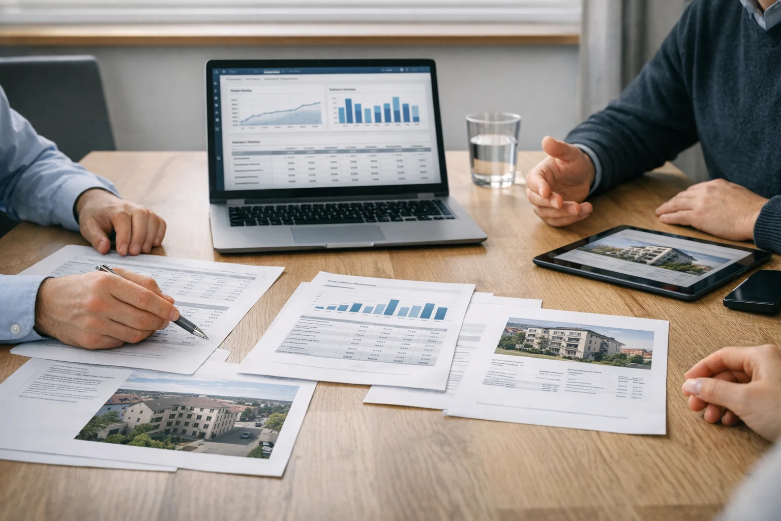 Strukturierte Sichtung von Unterlagen und Notizen für eine wirtschaftliche Beratung