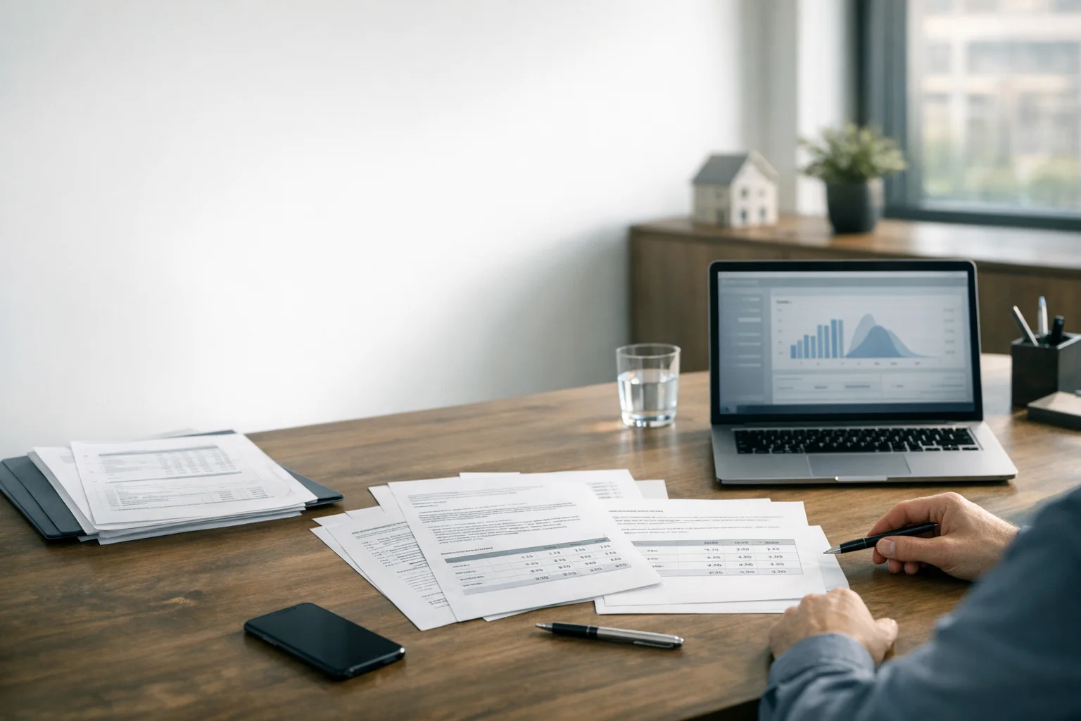 Unterlagen und analytische Notizen zur Unternehmensbewertung auf einem Schreibtisch