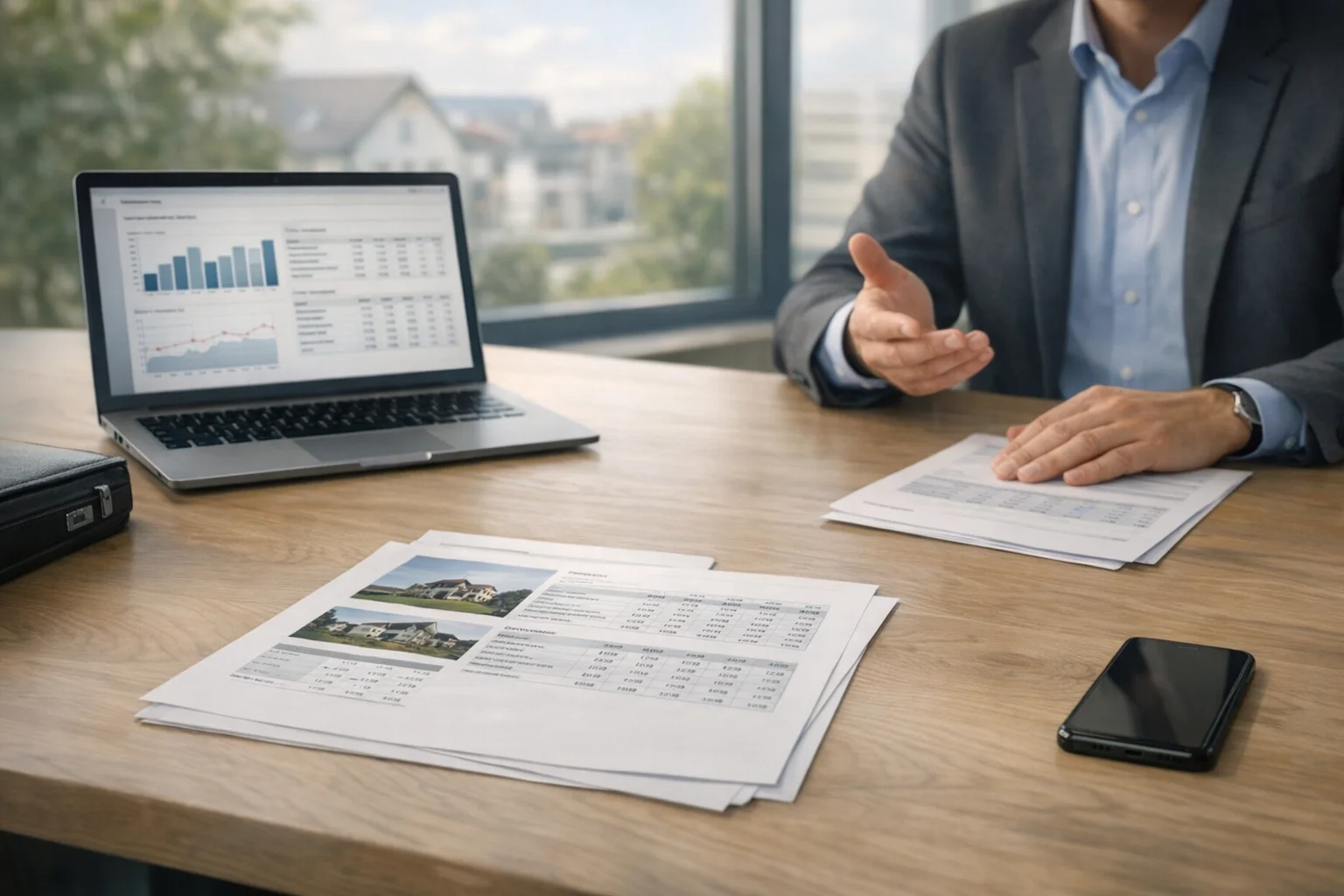 Ruhige professionelle Erstkontakt-Situation mit strukturierten Unterlagen