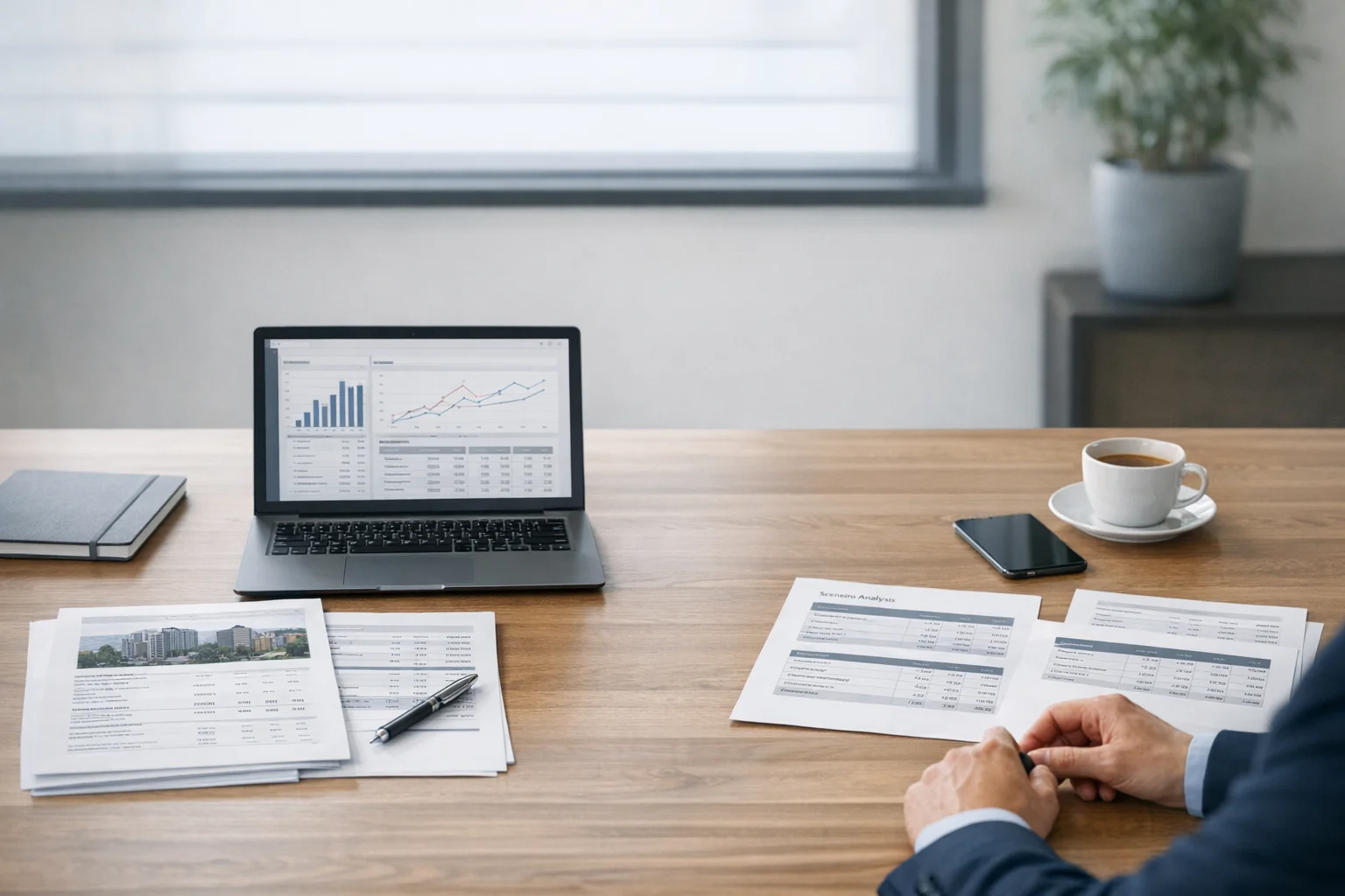 Analytische Bewertungsarbeit mit Berichten und Unterlagen in ruhiger Arbeits­umgebung