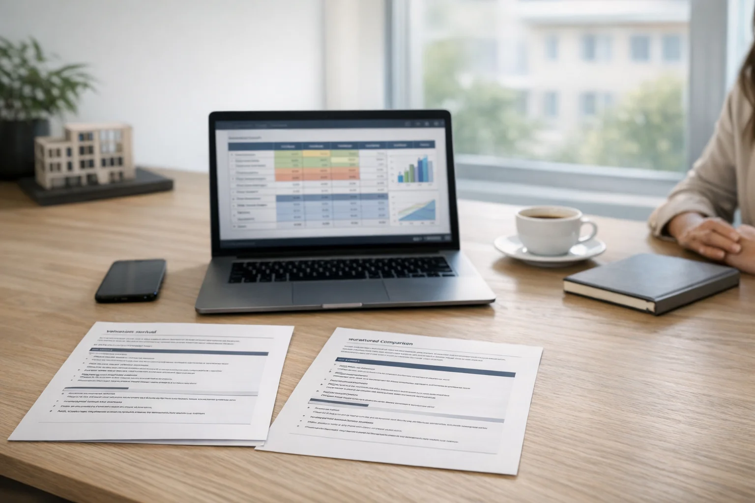 Methodenunterlagen, Notizen und strukturierte Bewertungsdokumente in moderner Arbeitsumgebung