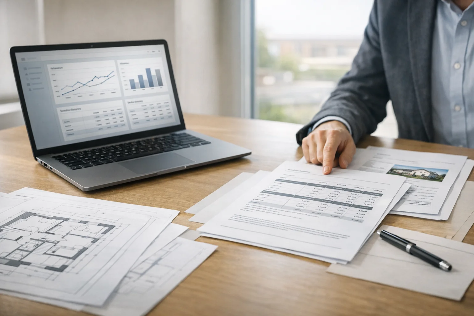 Unterlagen und Pläne zur Immobilien­bewertung in ruhiger Arbeits­umgebung