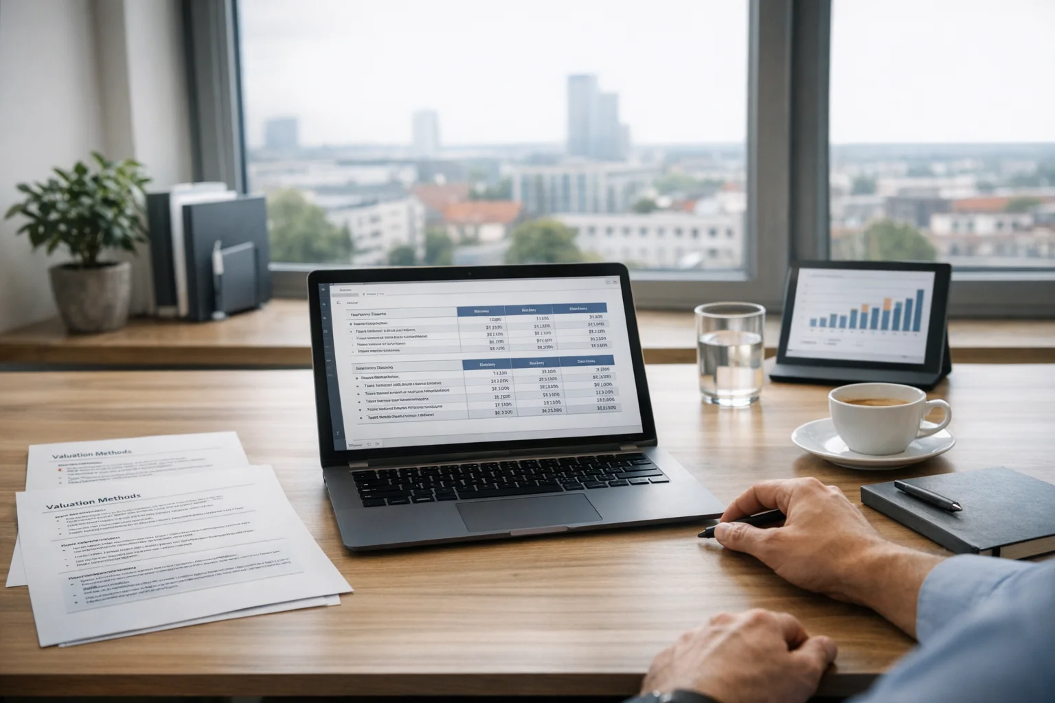 Strukturierte Unterlagen zu Bewertungsmethoden auf einem modernen Schreibtisch
