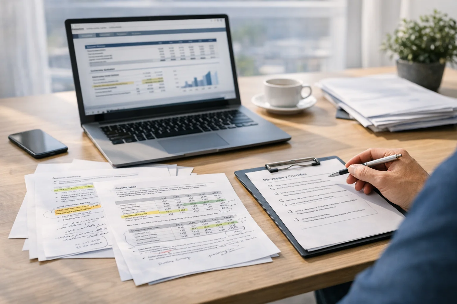 Markierte Bewertungsunterlagen zur kritischen Prüfung von Methode und Annahmen